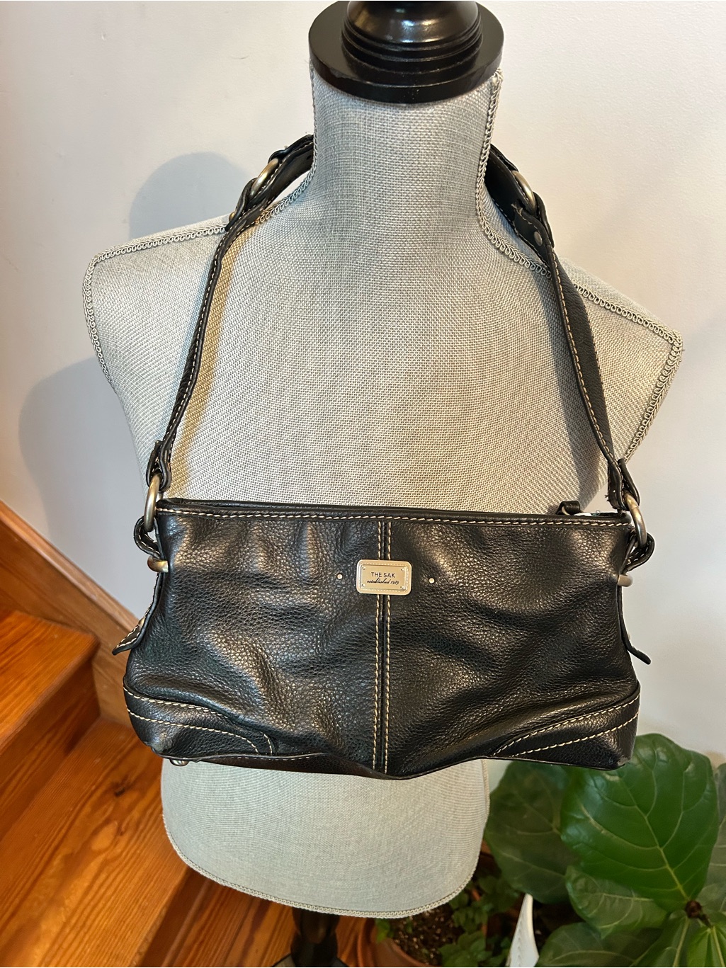 The Sak Black Pebbled Leather Shoulder Bag With Contrast Stitching
